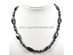 Mens Magnetic Hematite 8x12mm Twist Beads with Green Cloisonne Strands Necklace